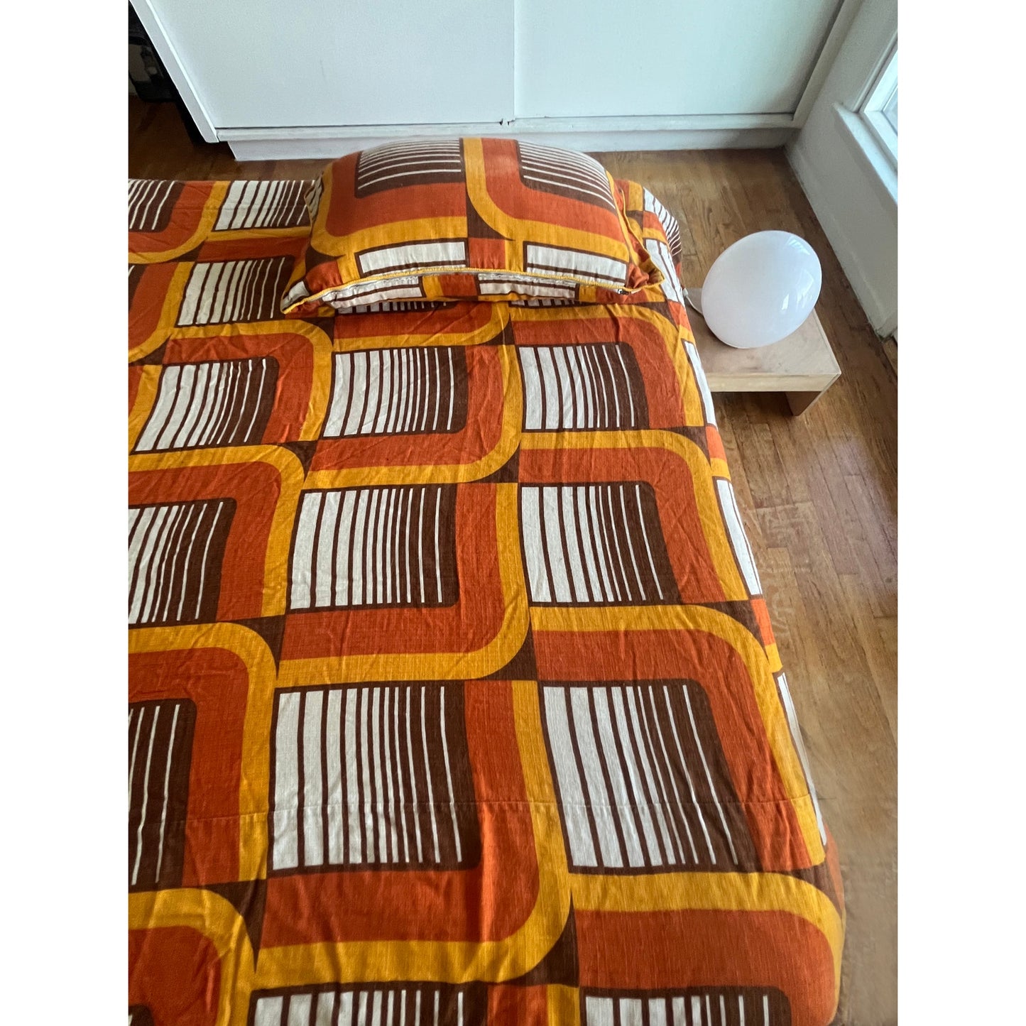 1960s Mod Orange White and Brown Bedspread and Sham