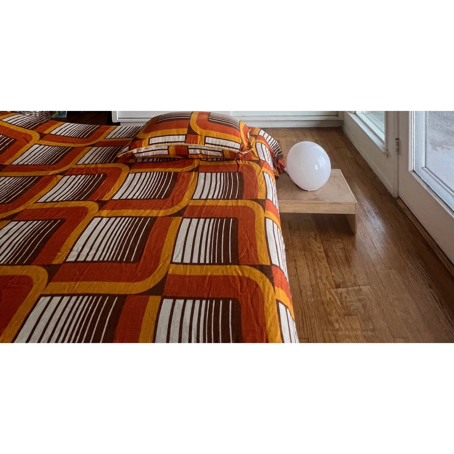 1960s Mod Orange White and Brown Bedspread and Sham
