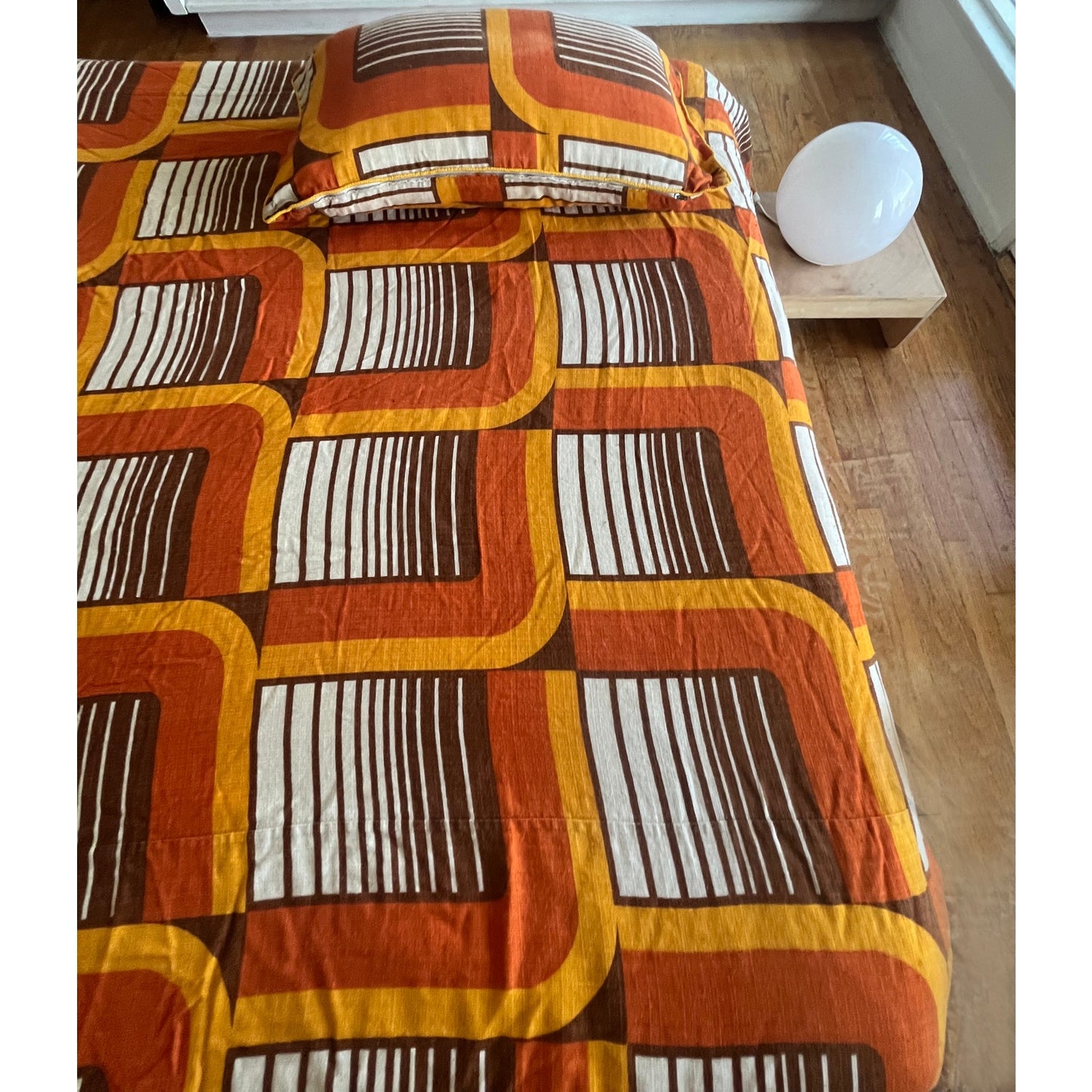 1960s Mod Orange White and Brown Bedspread and Sham