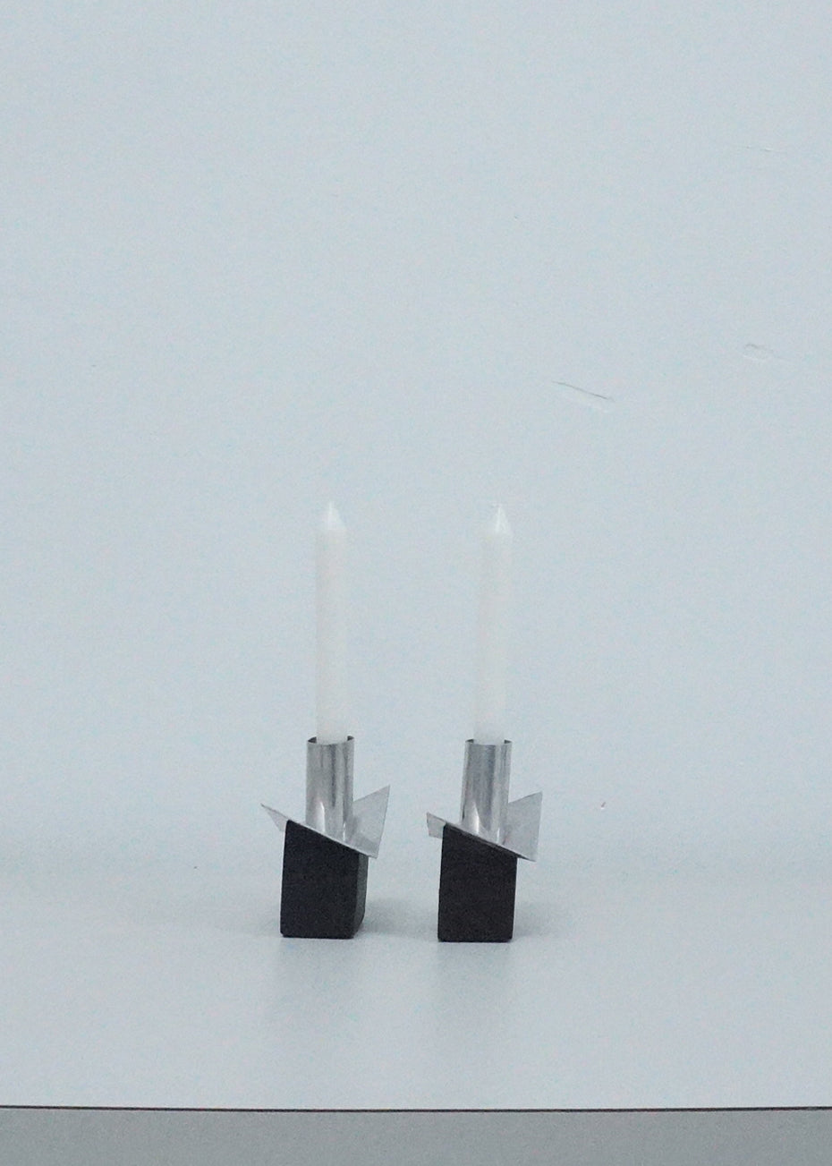 1970s Postmodern Aluminum and Ebony Wood Taper Candle Holders