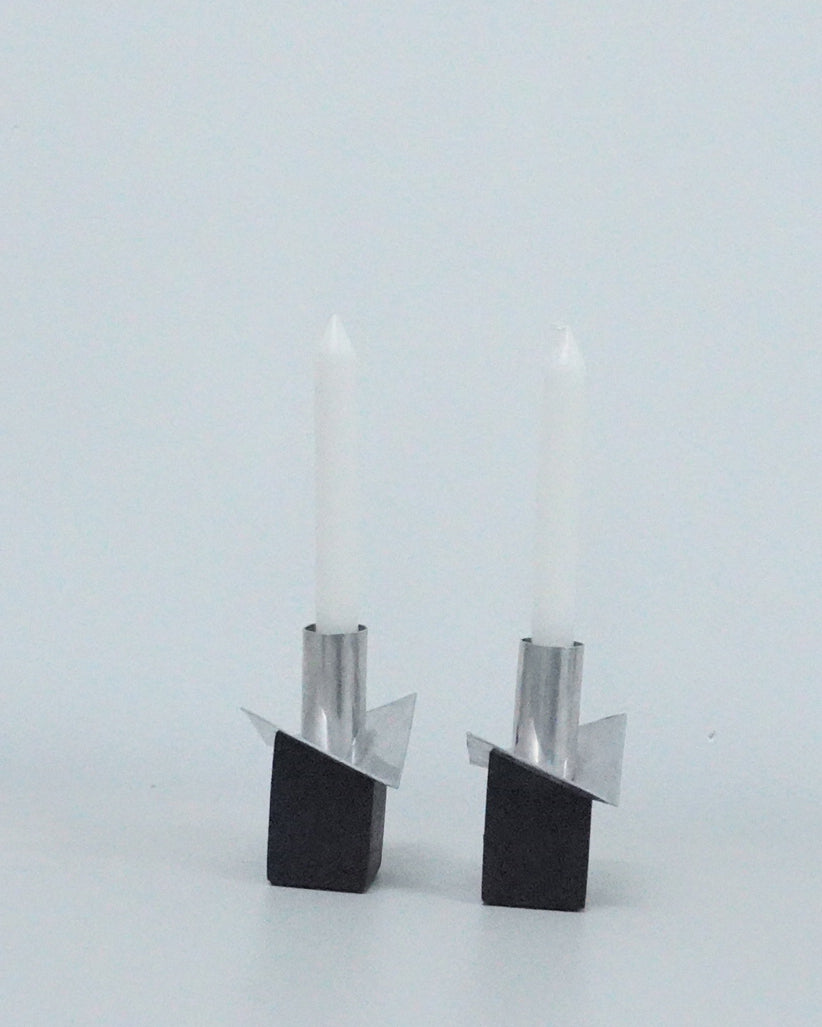 1970s Postmodern Aluminum and Ebony Wood Taper Candle Holders
