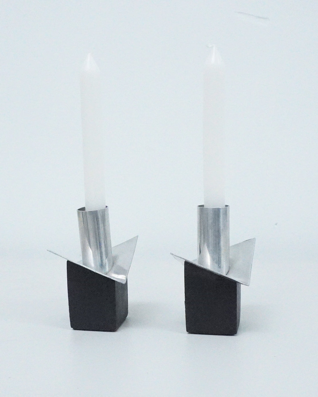 1970s Postmodern Aluminum and Ebony Wood Taper Candle Holders