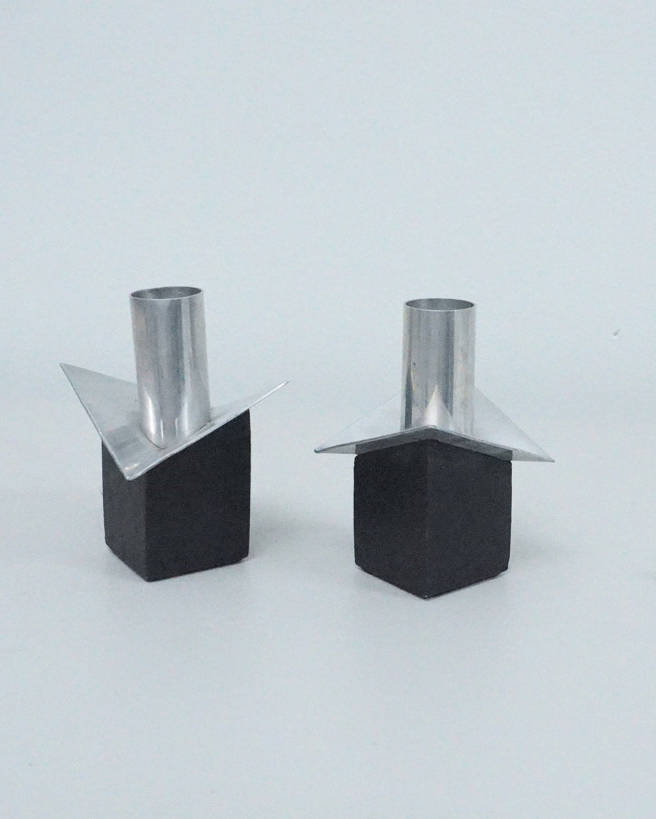 1970s Postmodern Aluminum and Ebony Wood Taper Candle Holders
