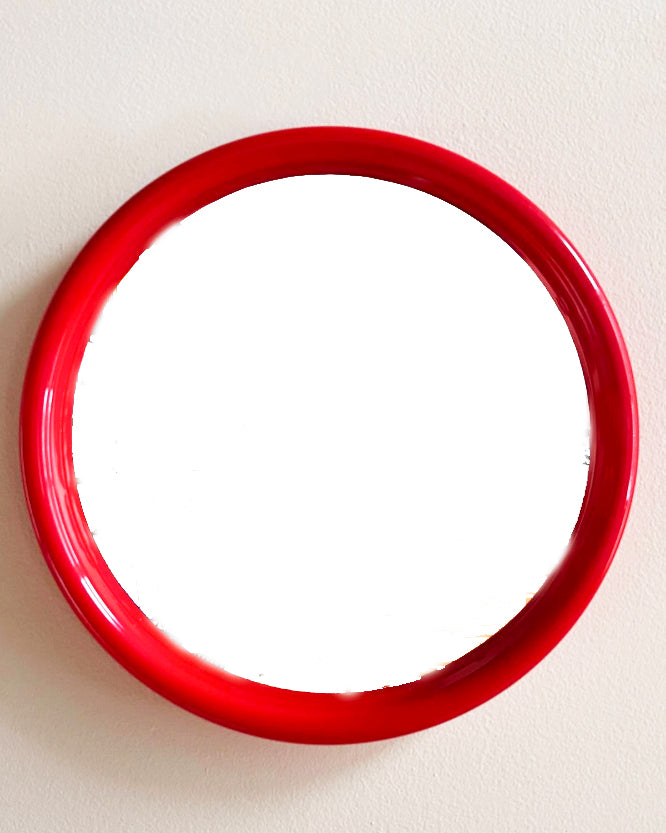 1980s Red Postmodern Round Plastic Wall Mirror by Interdesign