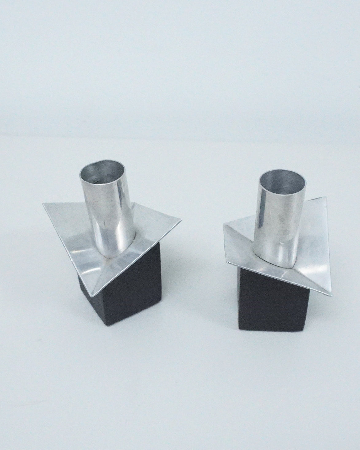 1970s Postmodern Aluminum and Ebony Wood Taper Candle Holders