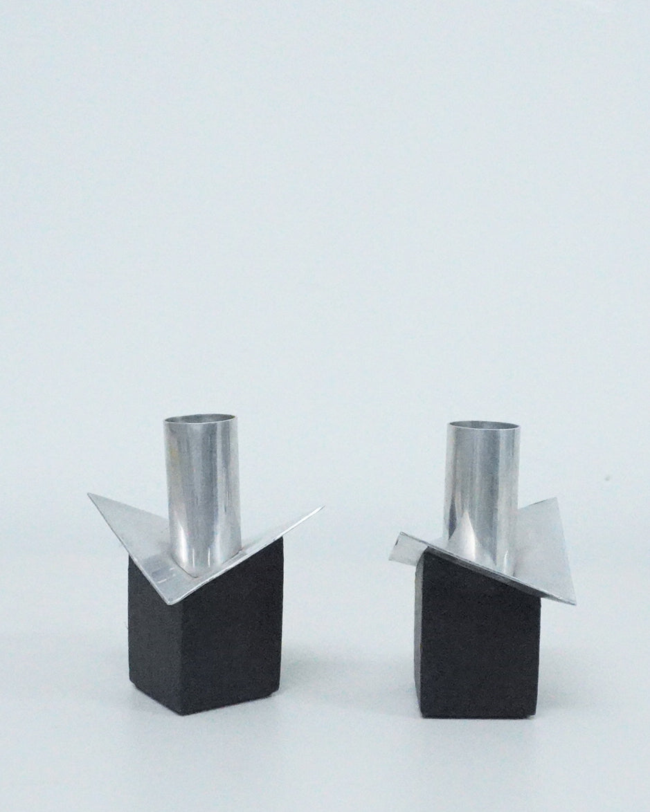 1970s Postmodern Aluminum and Ebony Wood Taper Candle Holders