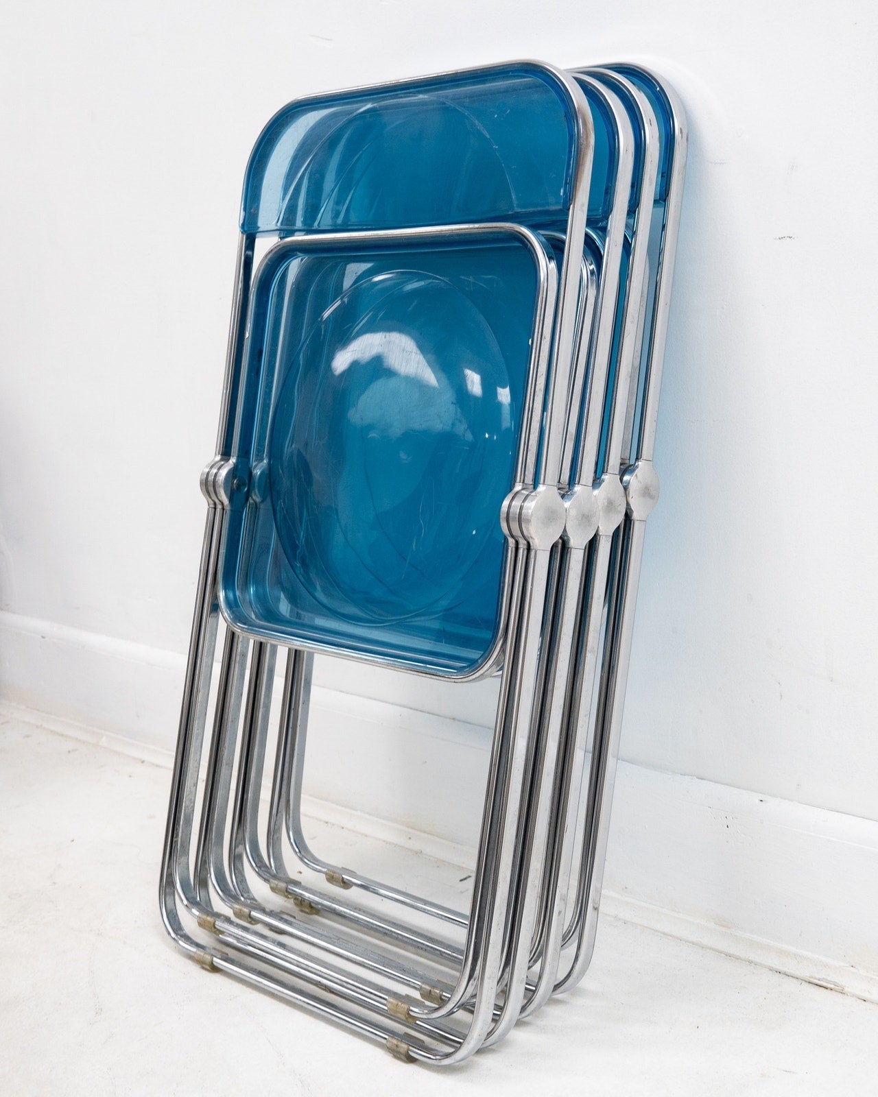 1970s Italian “Plia” Blue Lucite Folding Chairs by Giancarlo Piretti for Anonima Castelli