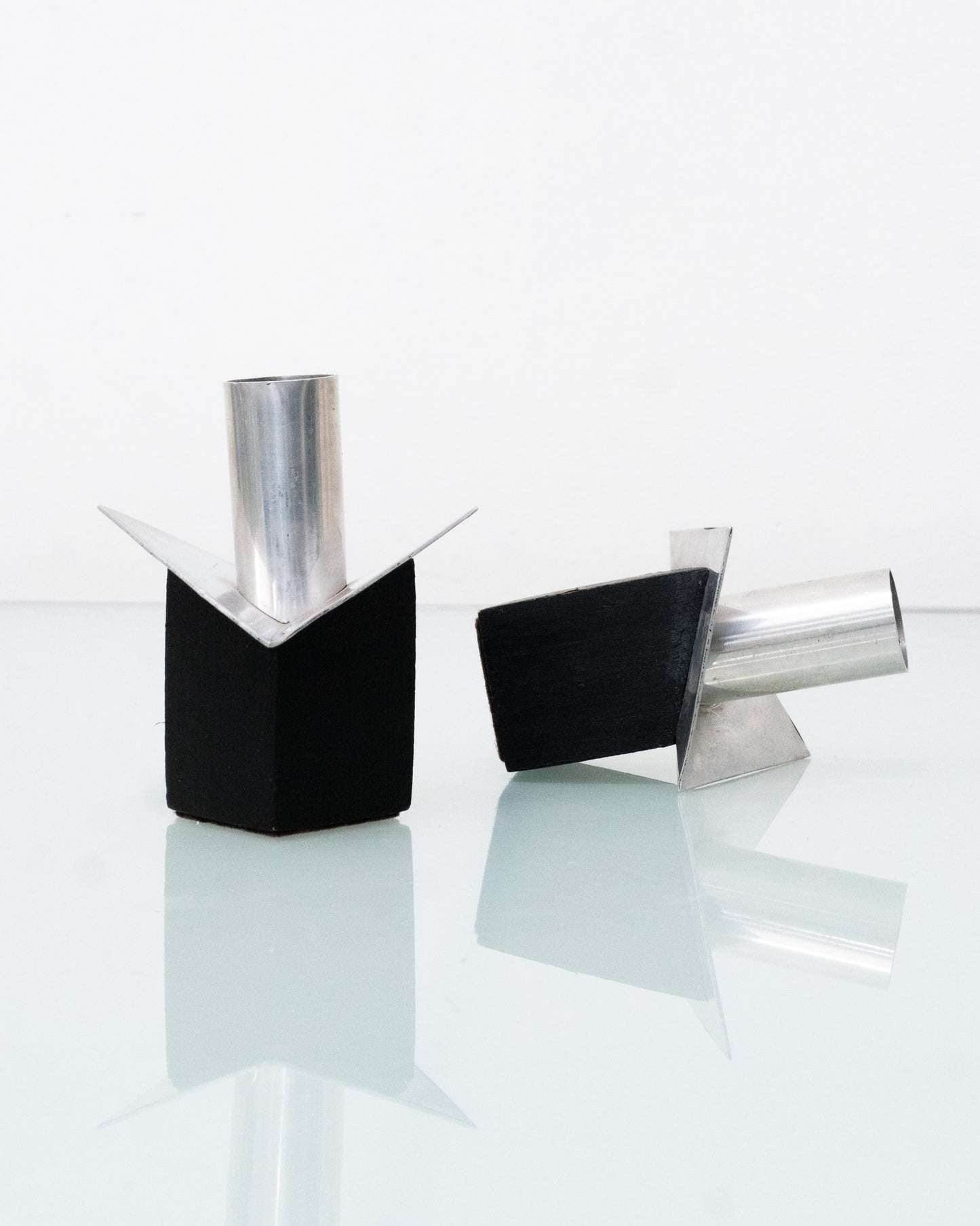 1970s Postmodern Aluminum and Ebony Wood Taper Candle Holders