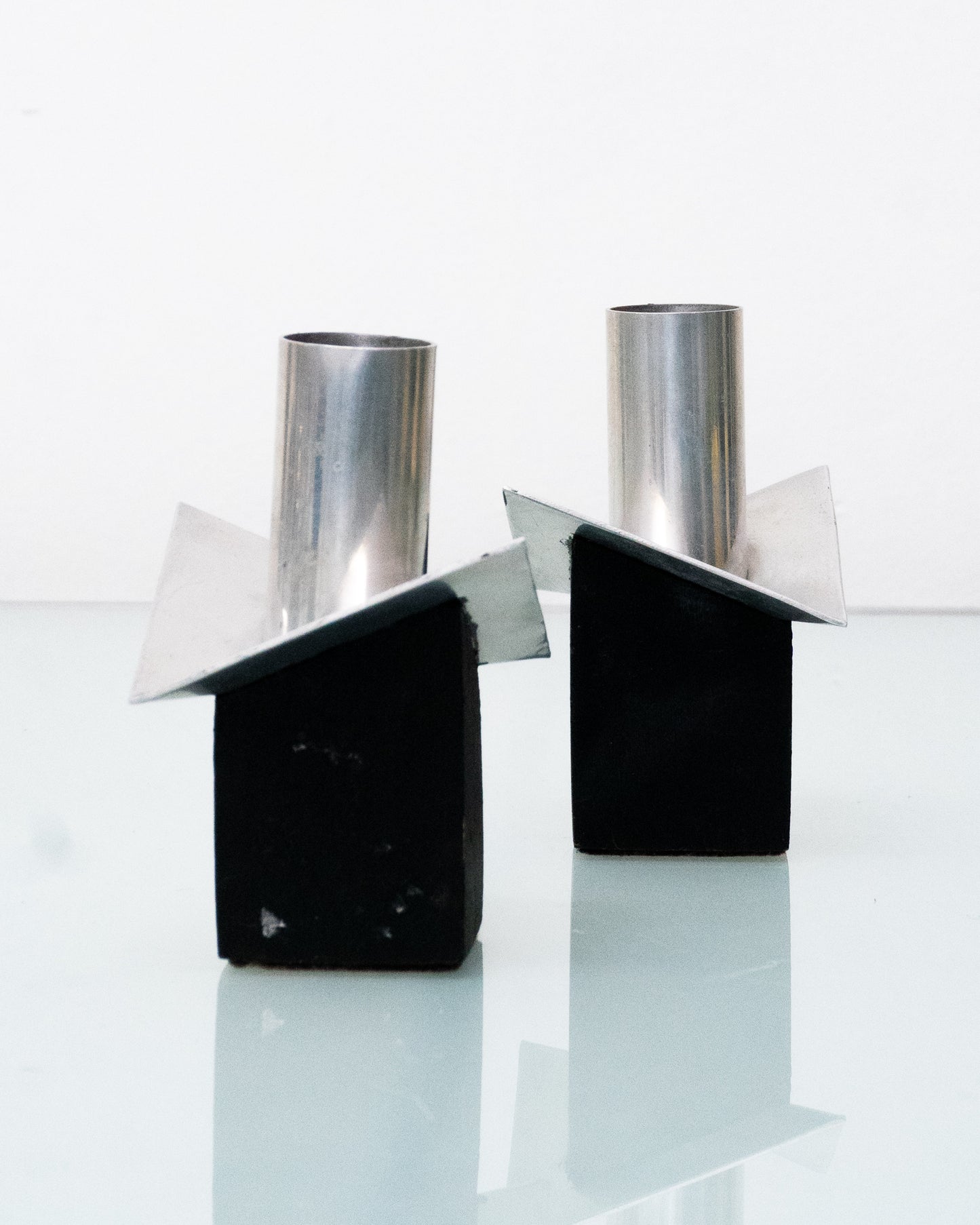 1970s Postmodern Aluminum and Ebony Wood Taper Candle Holders