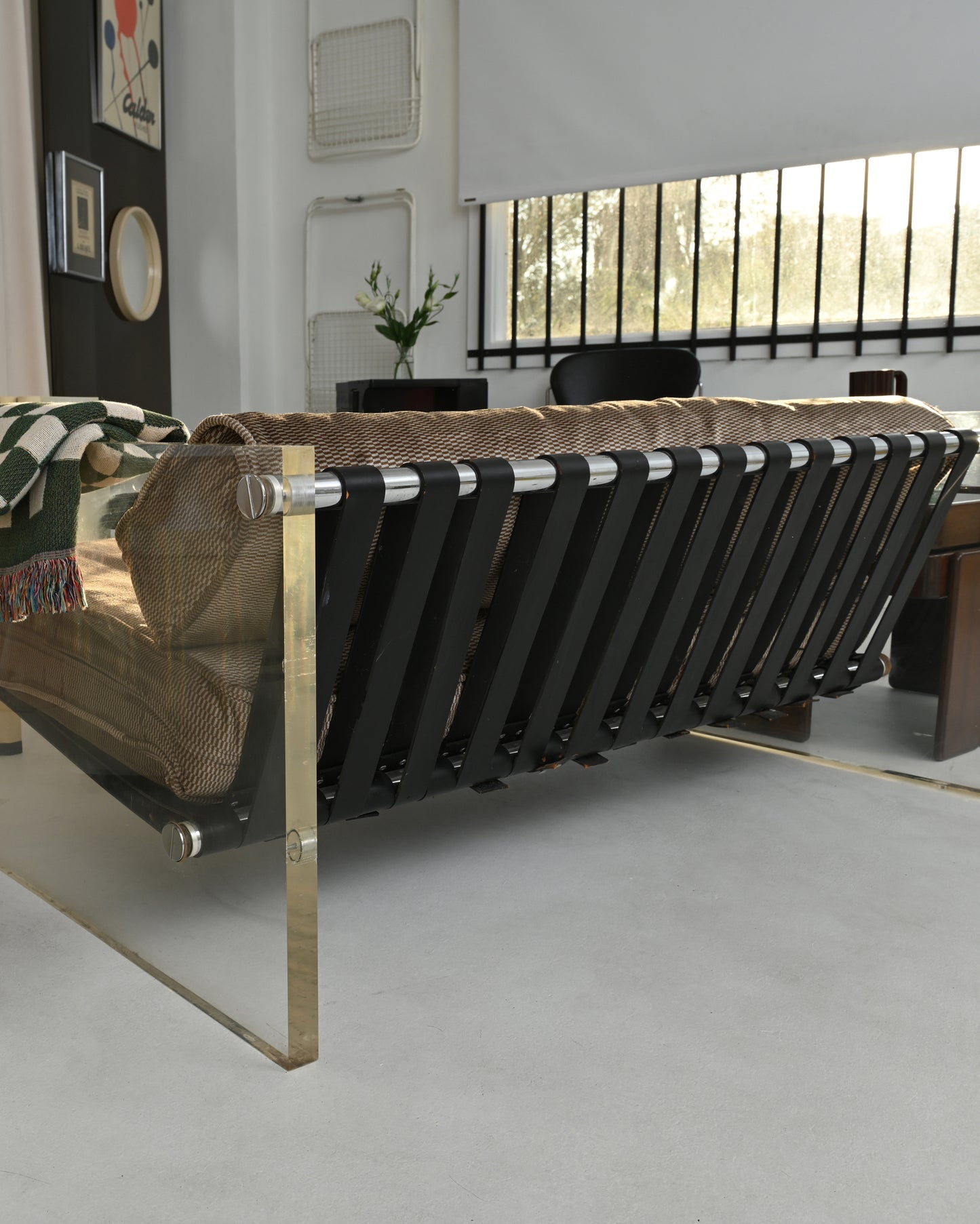 1970s Selig Lucite & Leather Strap Sofa Couch