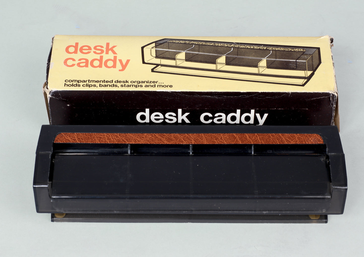 1980s Plastic Black with Faux Wood Desk Caddy Clear Smoke Organizer Made in Hong Kong NOS New in Box