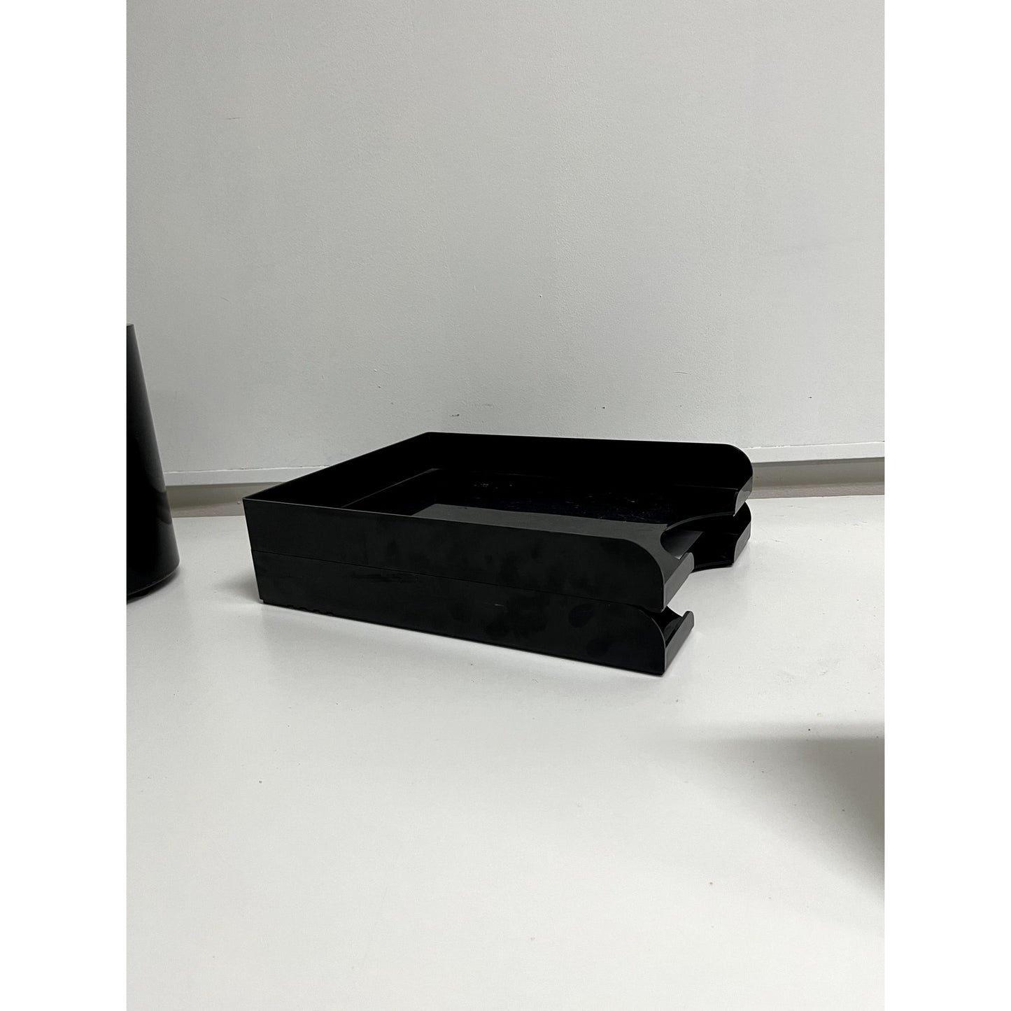 Vintage Black Two-Tier Lucite Letter Tray | Stacking Desk Organizer | Mid Century Modern Office Paper Tray
