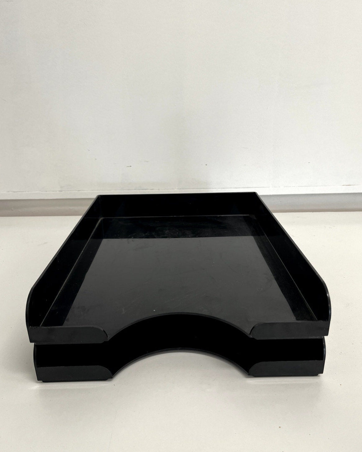 Vintage Black Two-Tier Lucite Letter Tray | Stacking Desk Organizer | Mid Century Modern Office Paper Tray