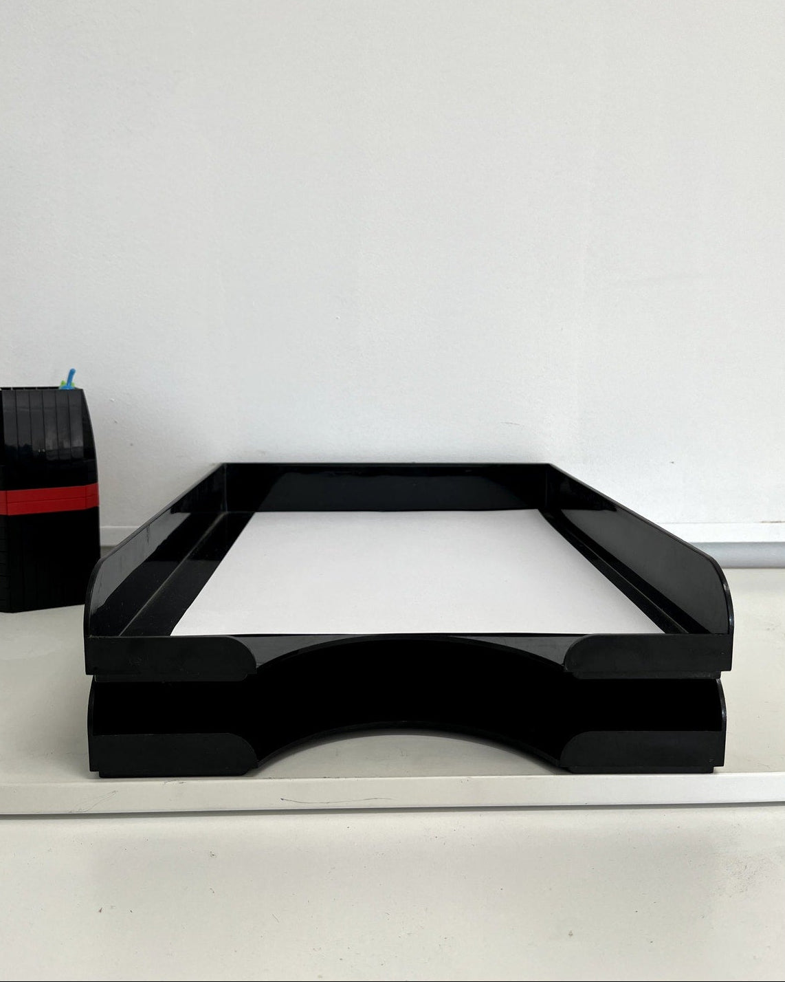 Vintage Black Two-Tier Lucite Letter Tray | Stacking Desk Organizer | Mid Century Modern Office Paper Tray