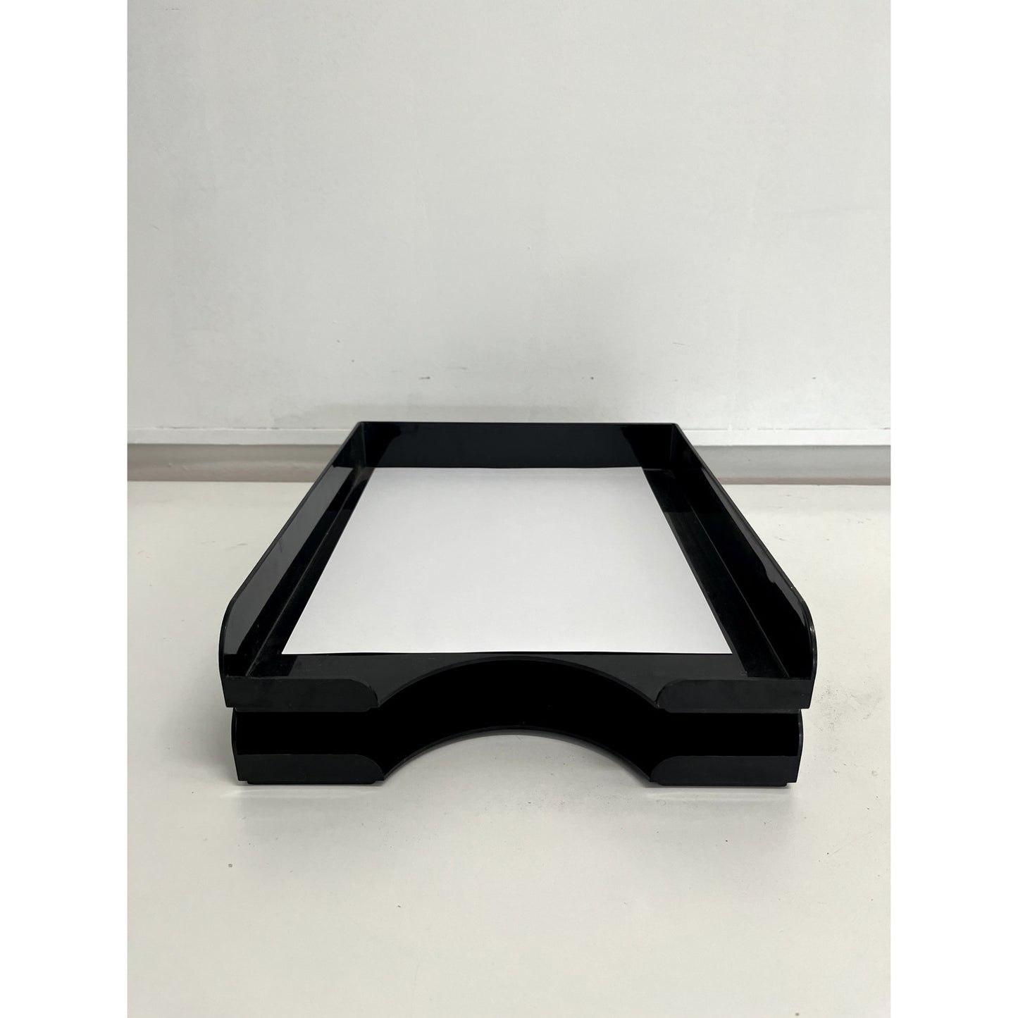 Vintage Black Two-Tier Lucite Letter Tray | Stacking Desk Organizer | Mid Century Modern Office Paper Tray