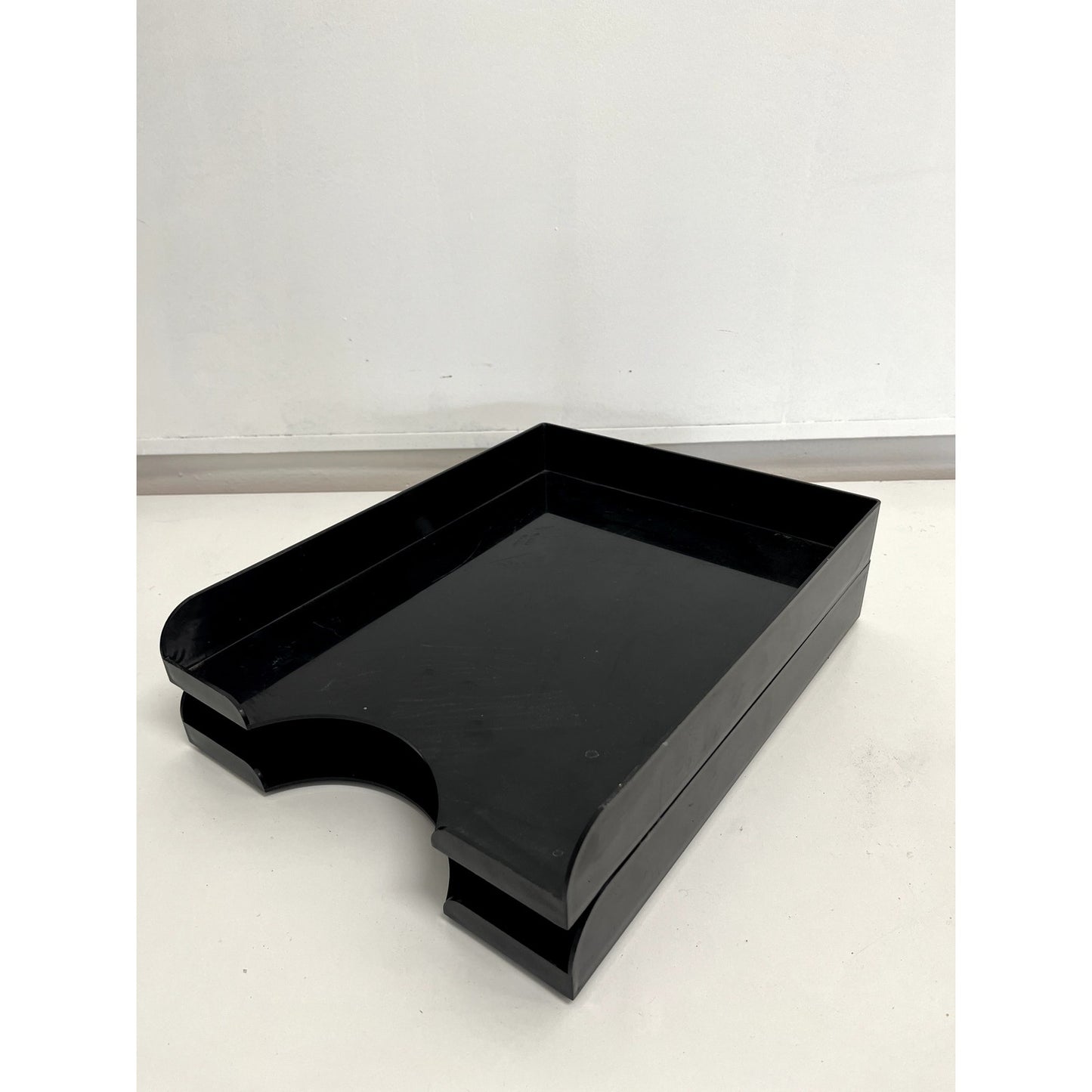 Vintage Black Two-Tier Lucite Letter Tray | Stacking Desk Organizer | Mid Century Modern Office Paper Tray