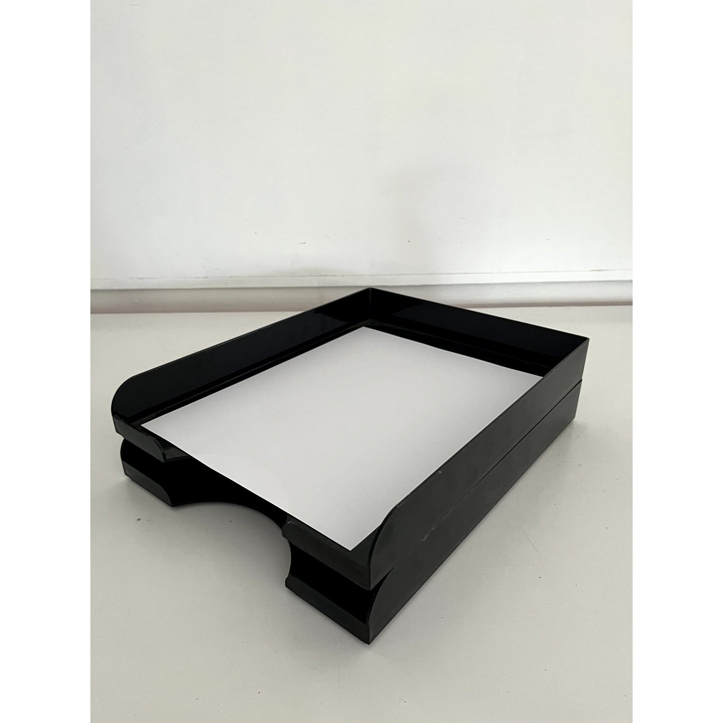 Vintage Black Two-Tier Lucite Letter Tray | Stacking Desk Organizer | Mid Century Modern Office Paper Tray