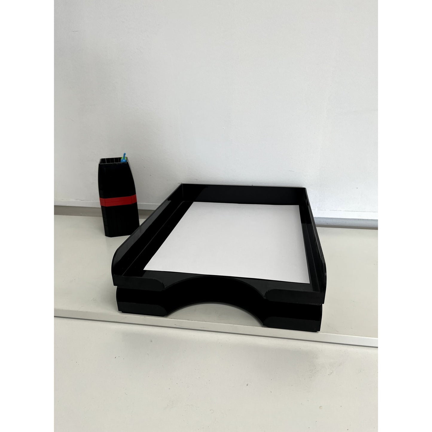 Vintage Black Two-Tier Lucite Letter Tray | Stacking Desk Organizer | Mid Century Modern Office Paper Tray