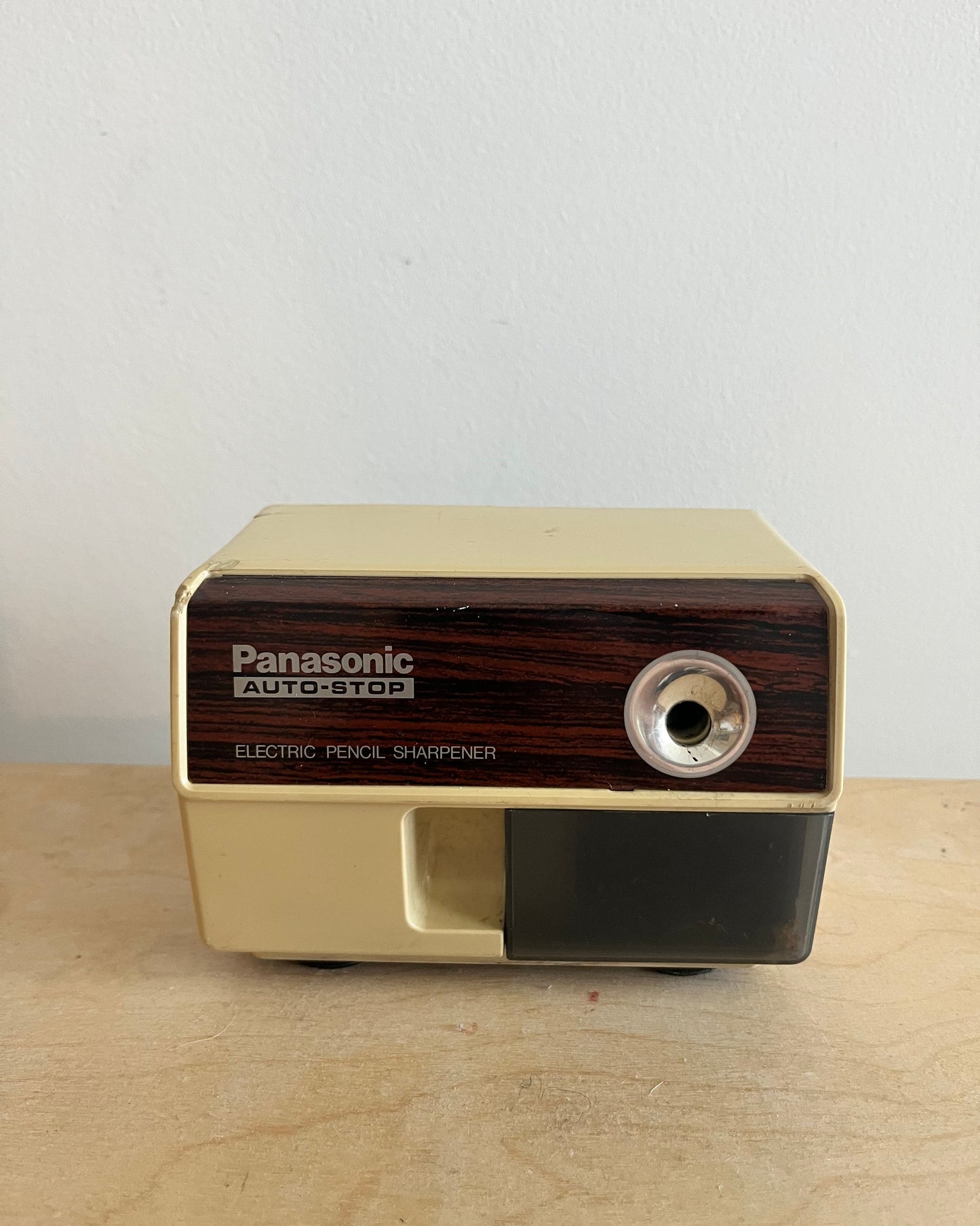 1990s Vintage Panasonic Auto-Stop Electric Pencil Sharpener KP-111 Faux Wood Made in Japan