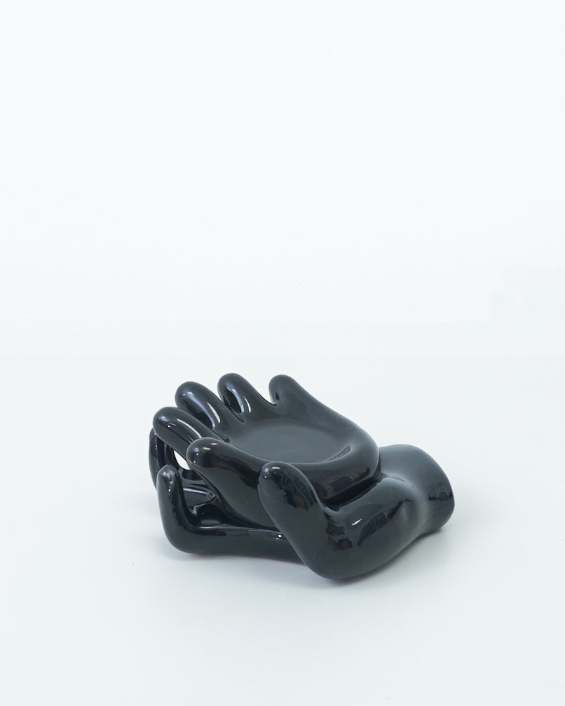 1990s Glossy Black Stacking Ceramic Hands Sculpture