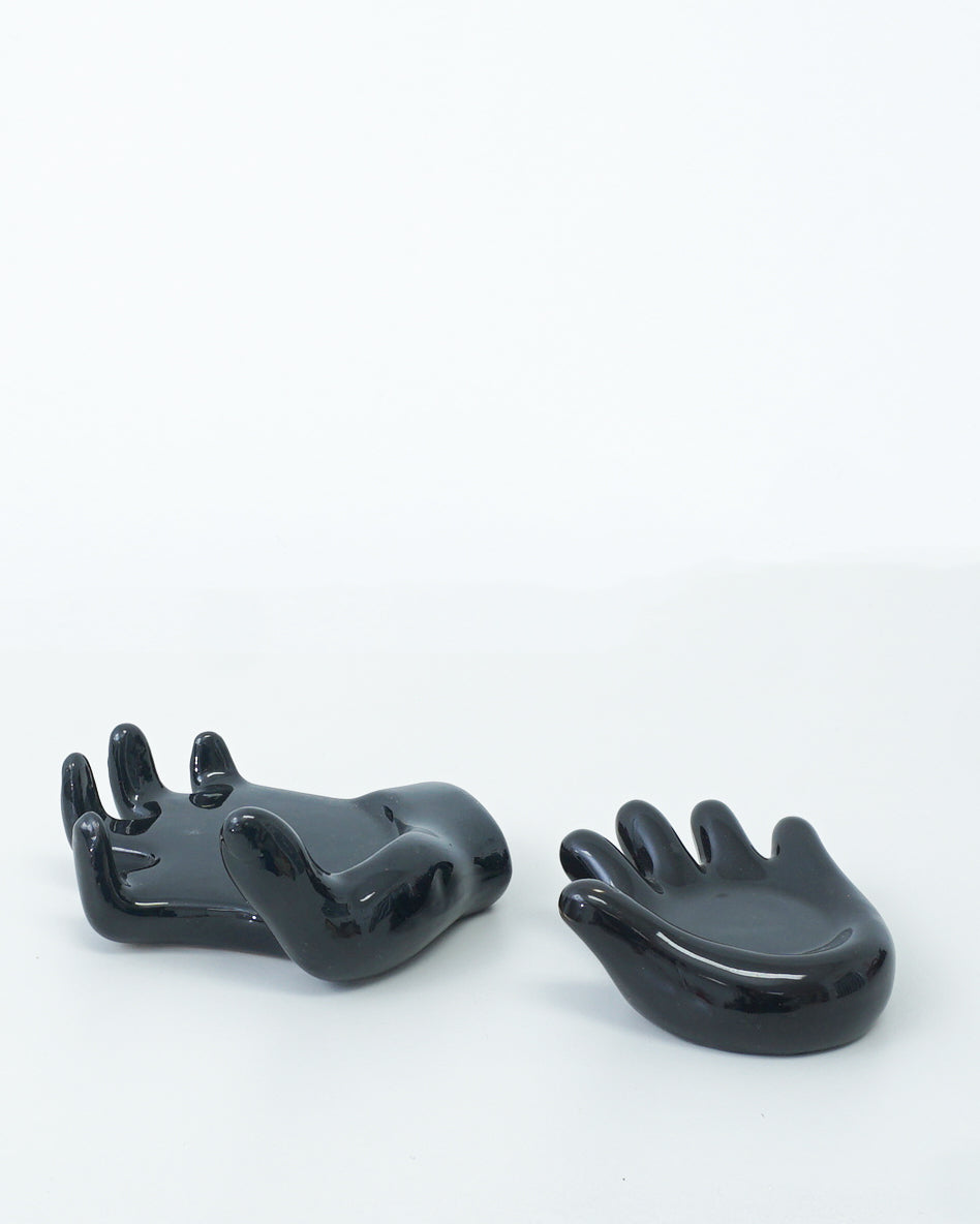 1990s Glossy Black Stacking Ceramic Hands Sculpture