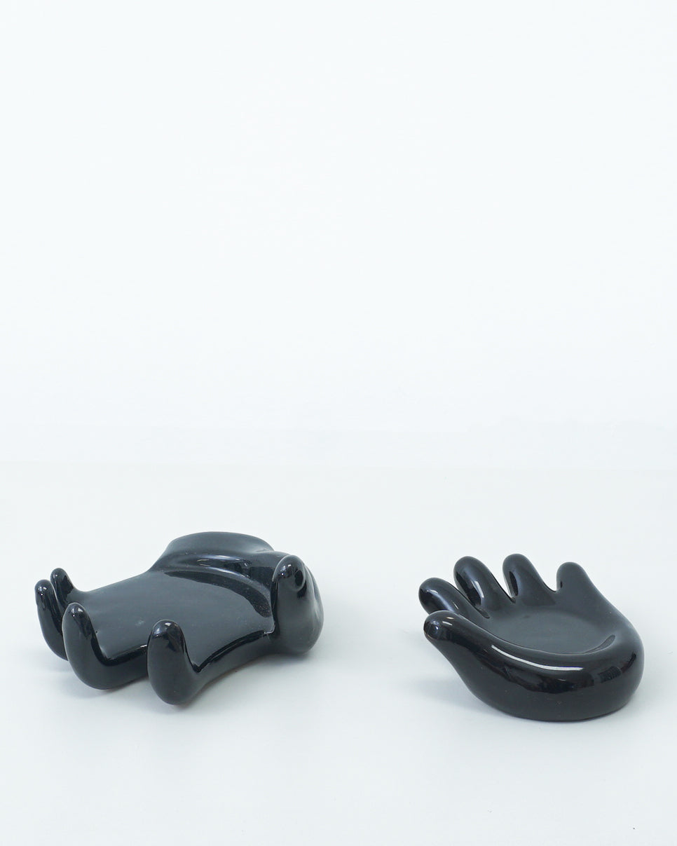 1990s Glossy Black Stacking Ceramic Hands Sculpture