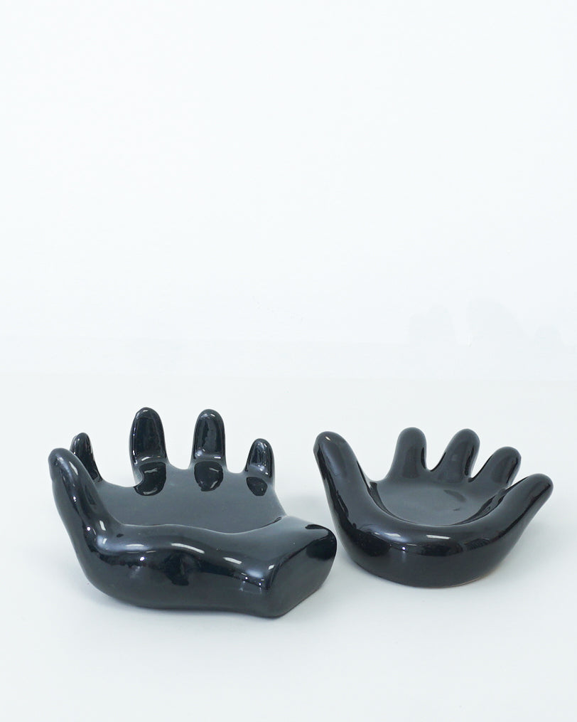 1990s Glossy Black Stacking Ceramic Hands Sculpture