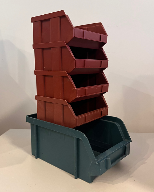 Vintage Industrial Plastic Parts Storage Bins Set – Stackable Akro-Mils Style Organizer Bins – Red & Blue Workshop Garage Storage