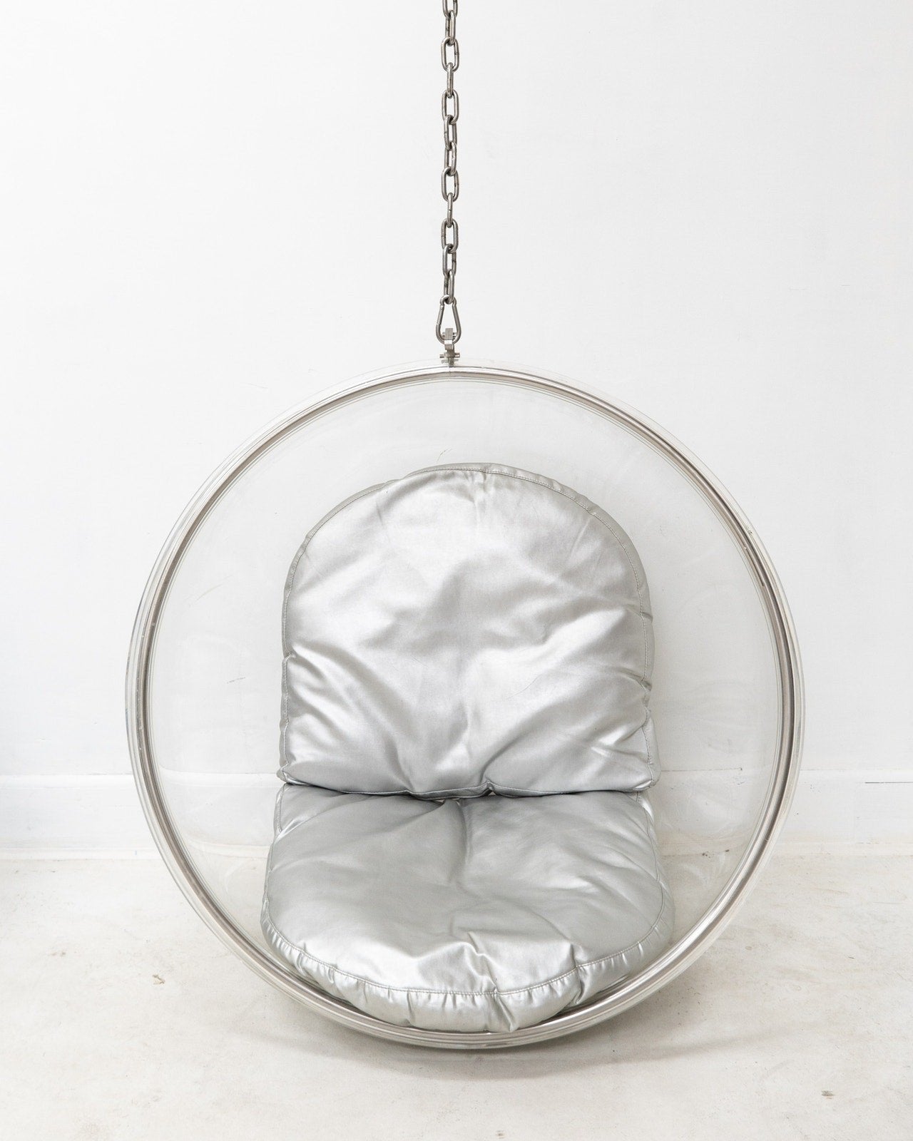 1970s Clear Eero Aarnio Bubble Chair with Silver Leather Cushions