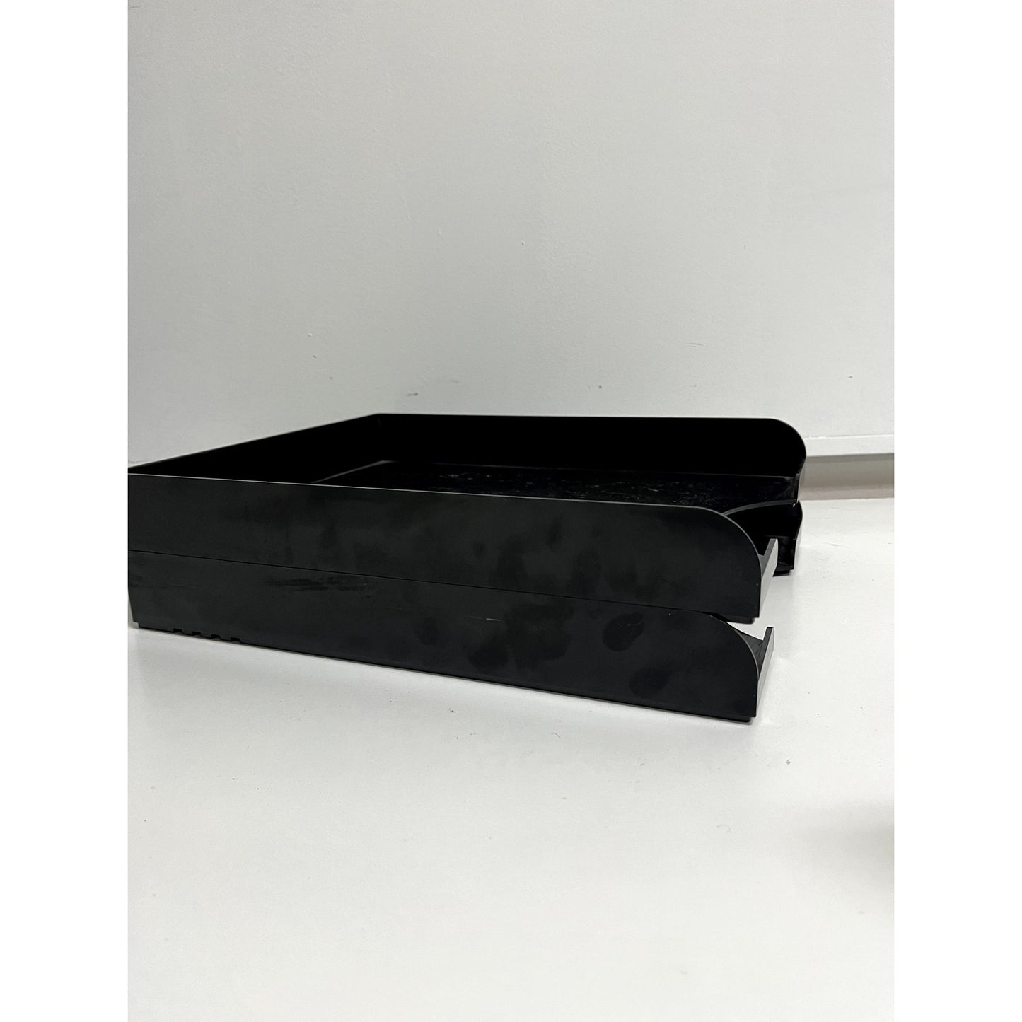 Vintage Black Two-Tier Lucite Letter Tray | Stacking Desk Organizer | Mid Century Modern Office Paper Tray