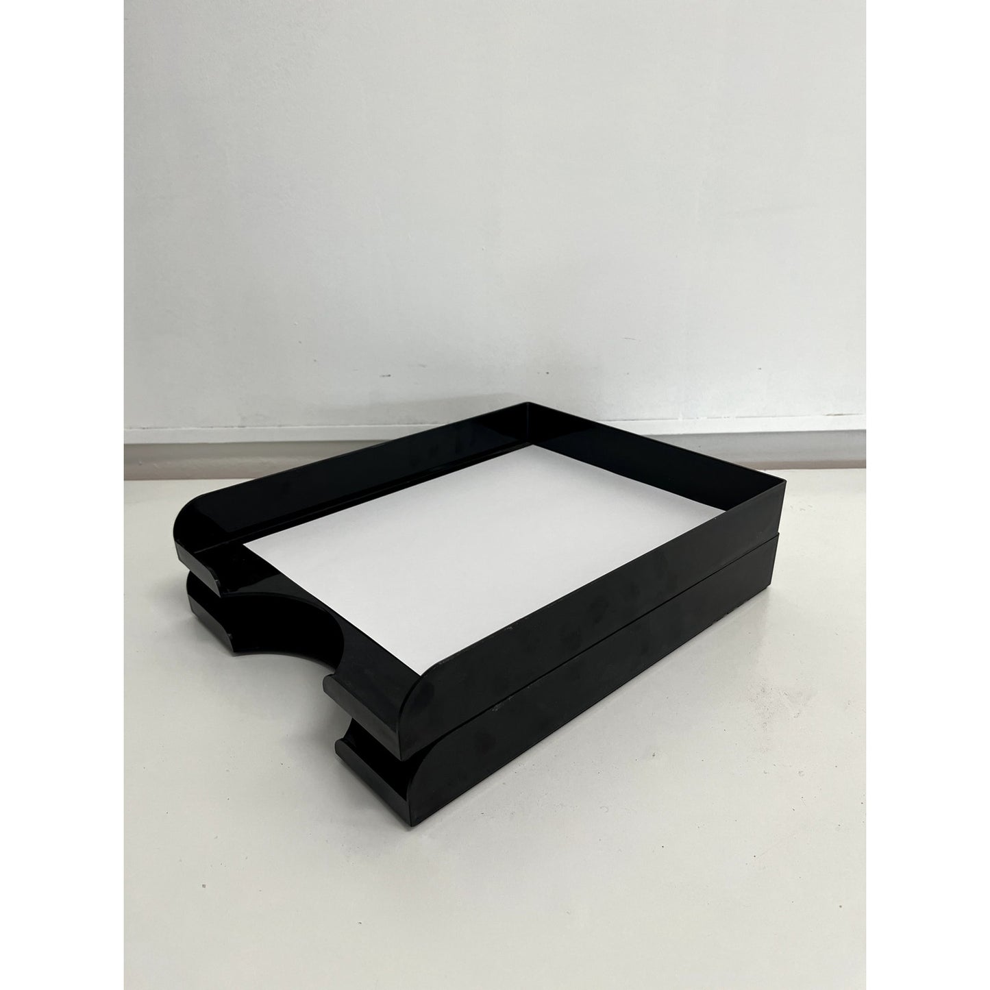Vintage Black Two-Tier Lucite Letter Tray | Stacking Desk Organizer | Mid Century Modern Office Paper Tray