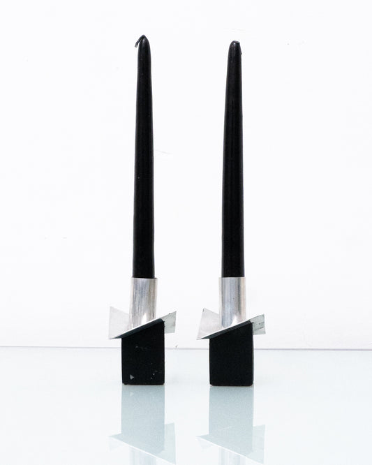 1970s Postmodern Aluminum and Ebony Wood Taper Candle Holders