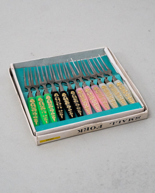 1940s MCM High Class Set of 12 Stainless Steel Mini Forks by Little Fork with Pastel Handles in Box