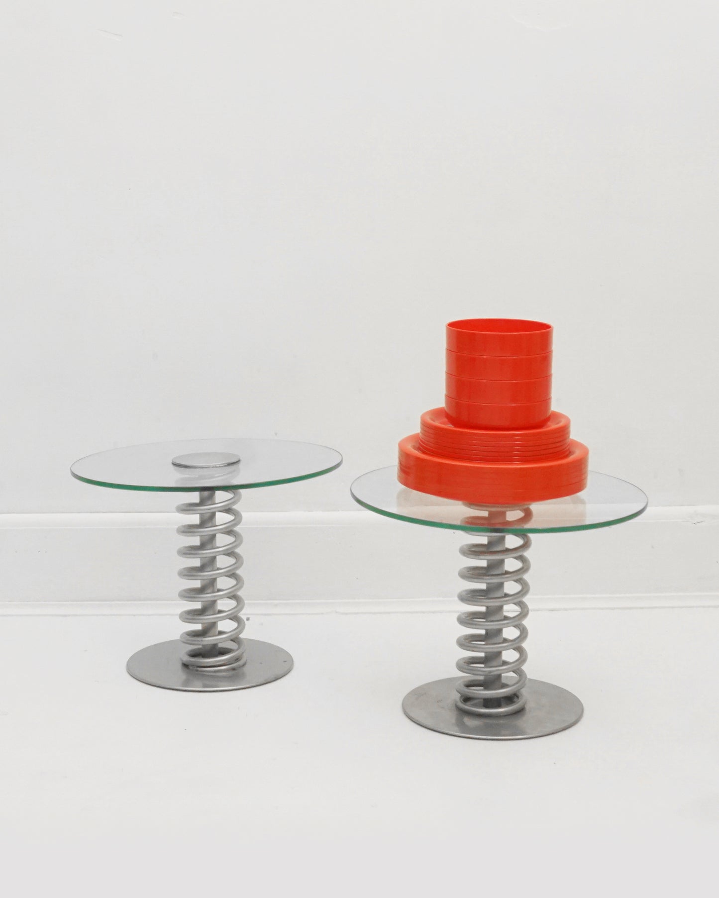 Pair of 1980s Postmodern “Spring Feathers” Steel and Glass Petite Side Tables