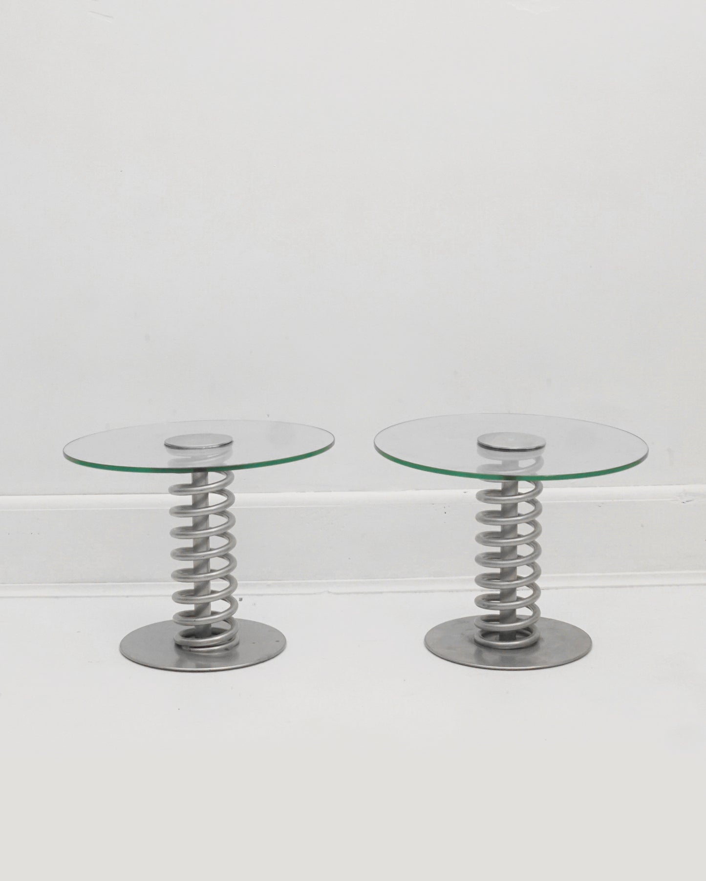 Pair of 1980s Postmodern “Spring Feathers” Steel and Glass Petite Side Tables