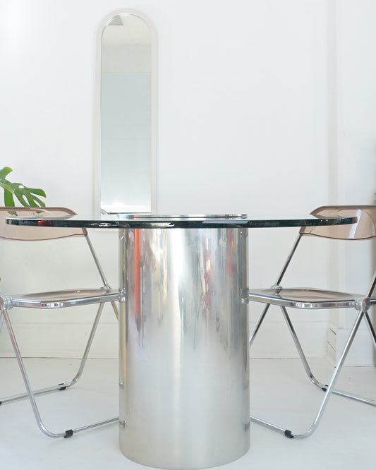 1980s Brueton Polished Chrome and Glass Cylindrical Pedestal Dining Table