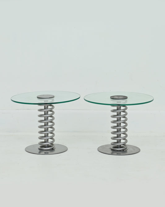 Pair of 1980s Postmodern “Spring Feathers” Steel and Glass Petite Side Tables