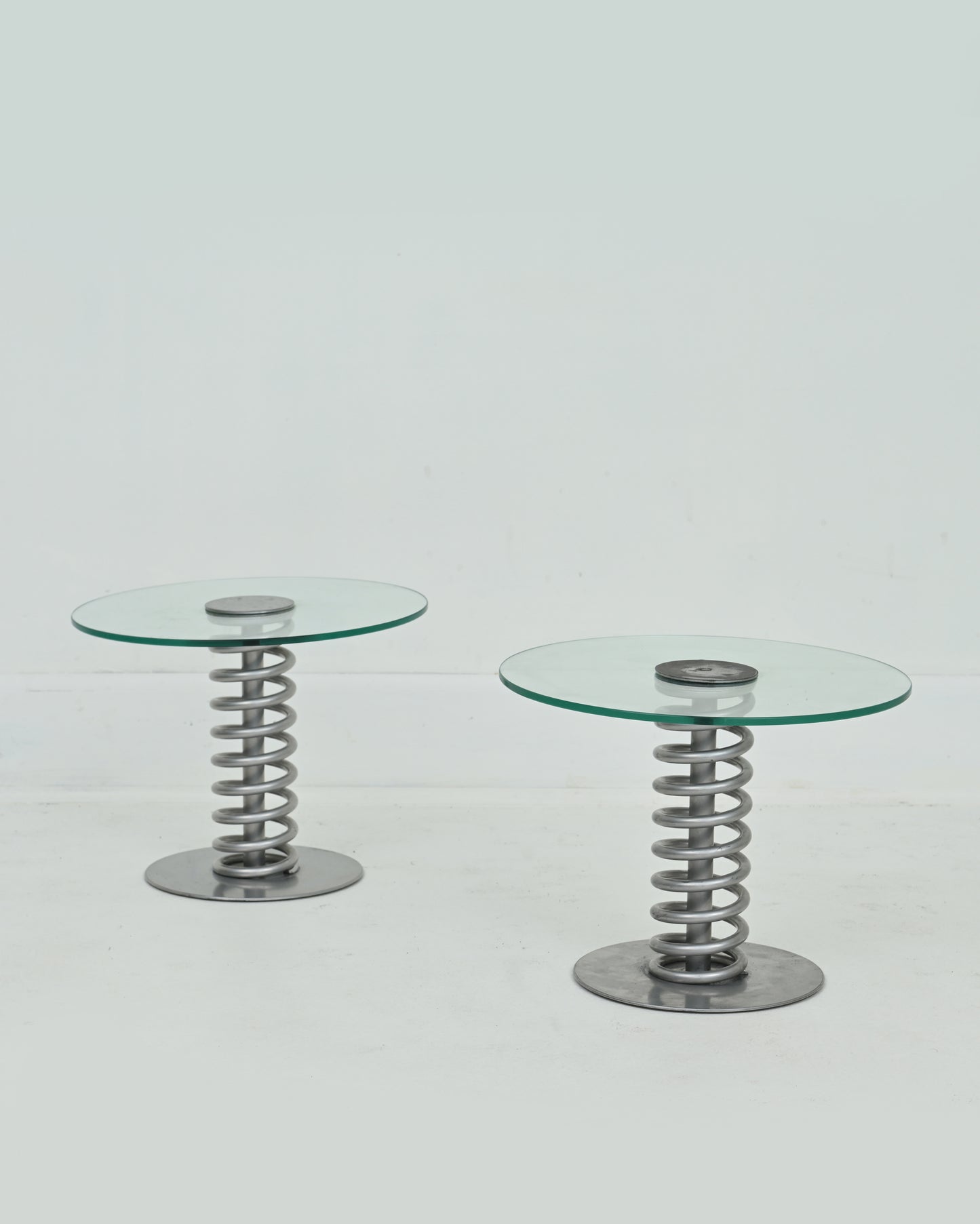 Pair of 1980s Postmodern “Spring Feathers” Steel and Glass Petite Side Tables