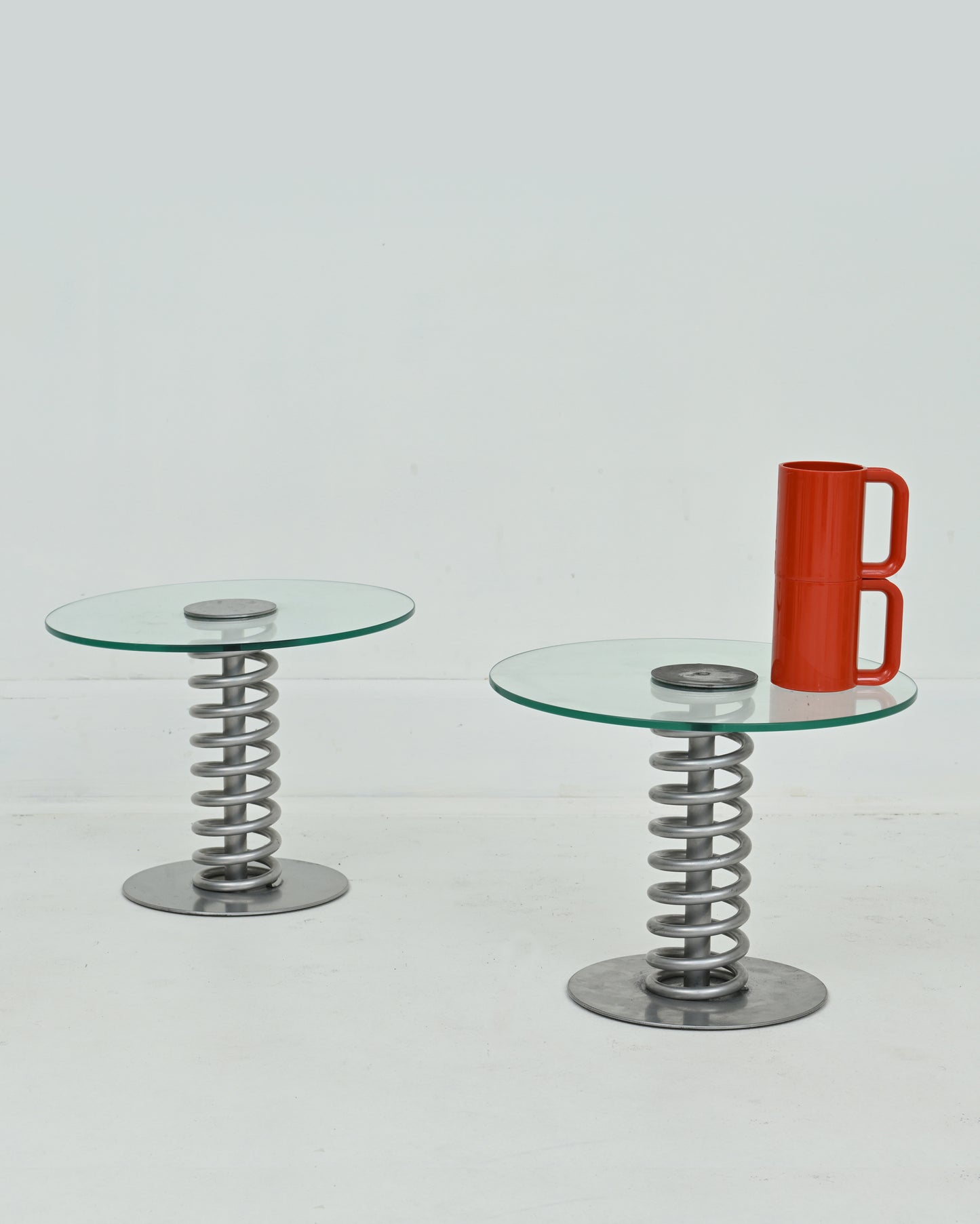 Pair of 1980s Postmodern “Spring Feathers” Steel and Glass Petite Side Tables